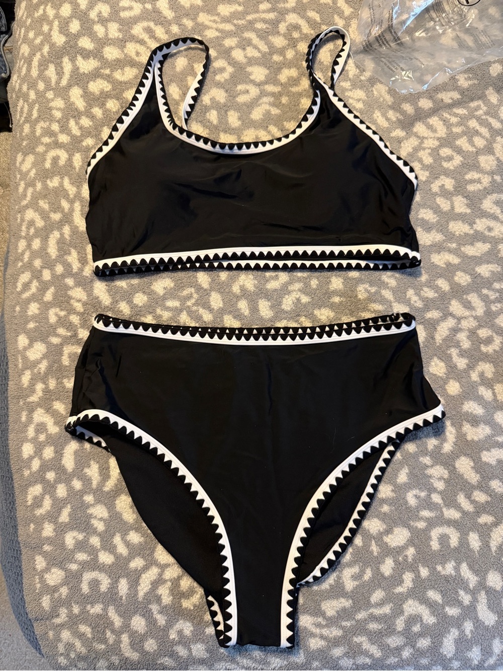 Black Two-Piece Bikini Set with White Zigzag Trim